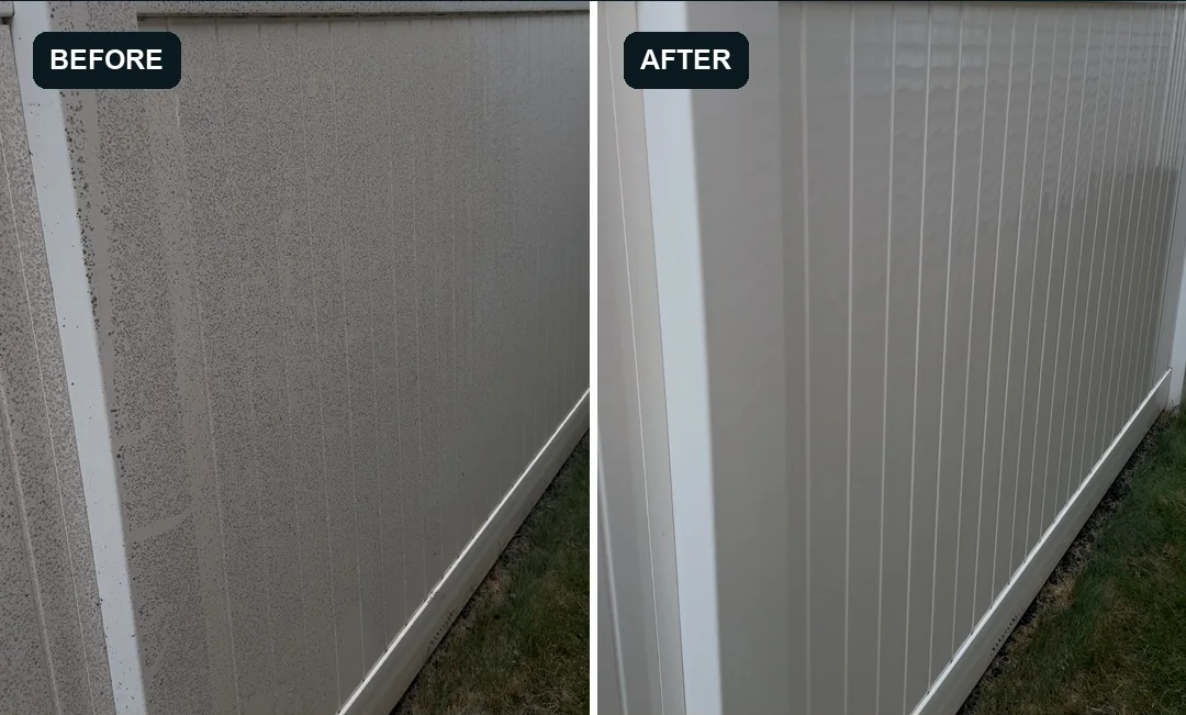Before and after example of black organic spots removed from a vinyl fence